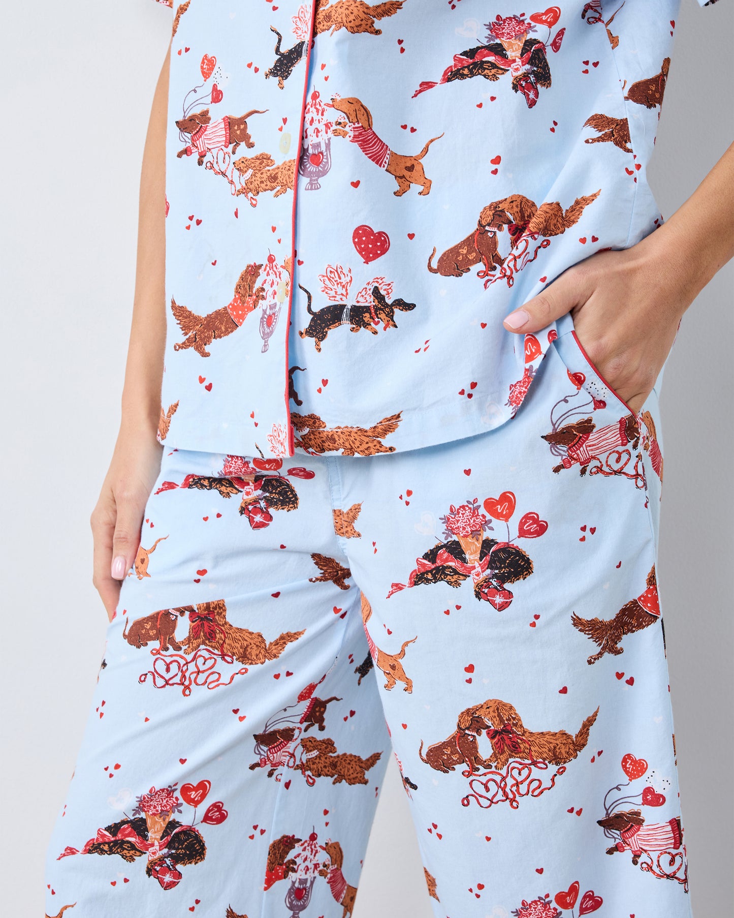 Dachshund Date - Short Sleeve Cropped Pants Set - Pale Blue - Printfresh
