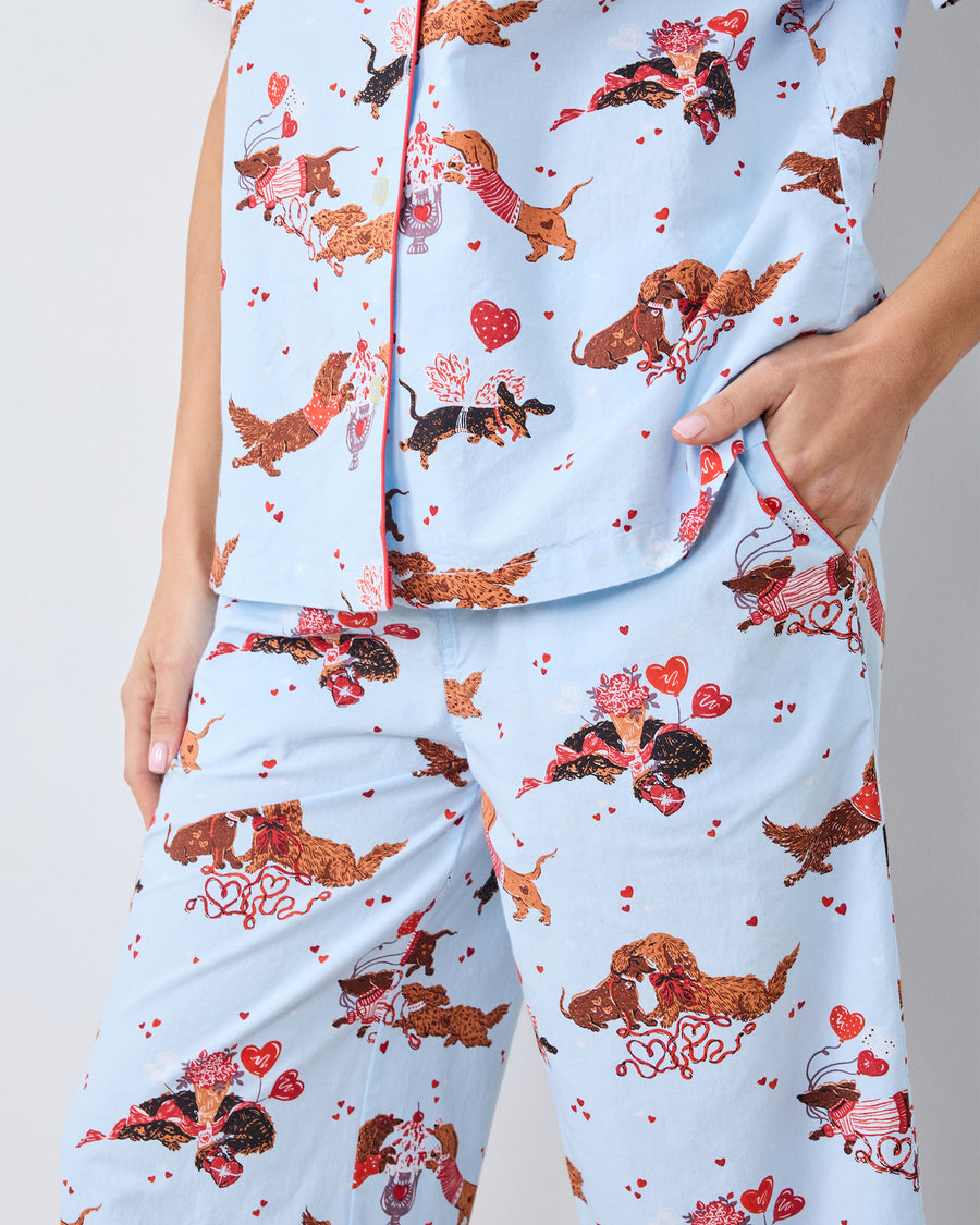 Dachshund Date - Short Sleeve Cropped Pants Set - Pale Blue - Printfresh