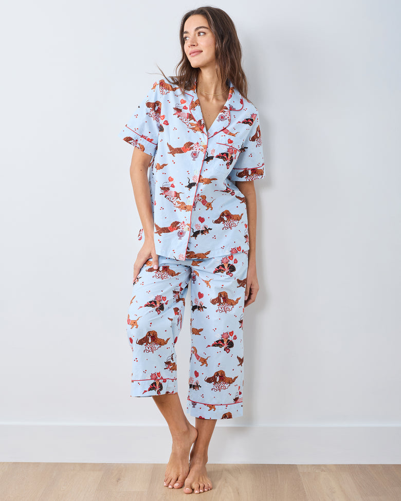 Dachshund Date - Short Sleeve Cropped Pants Set - Pale Blue - Printfresh