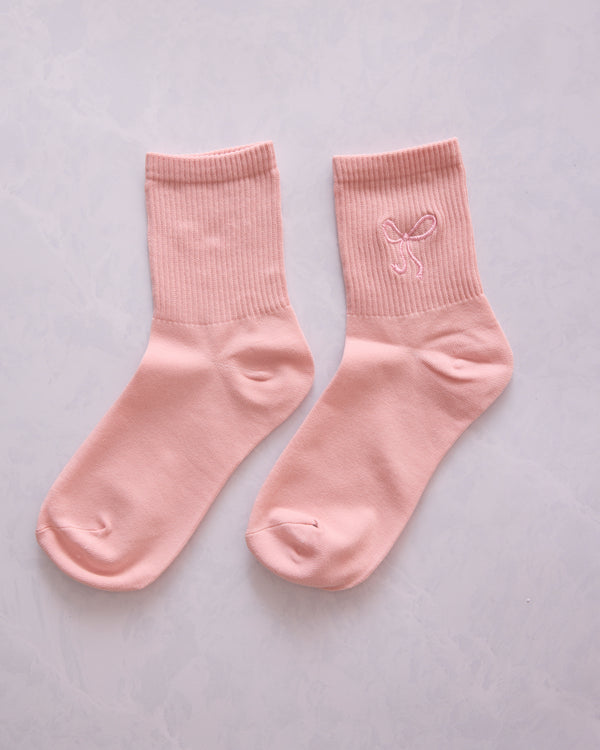 Pink - Embroidered Bow Crew Socks - Accity - Printfresh