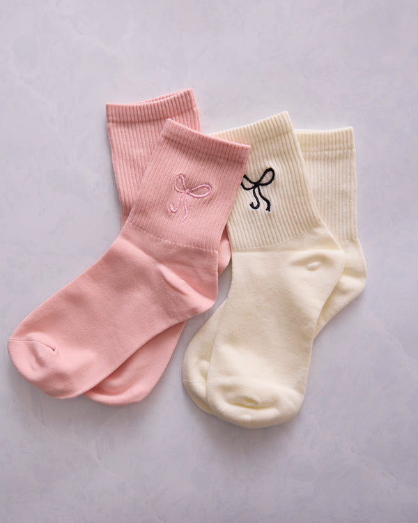 Pink - Embroidered Bow Crew Socks - Accity - Printfresh