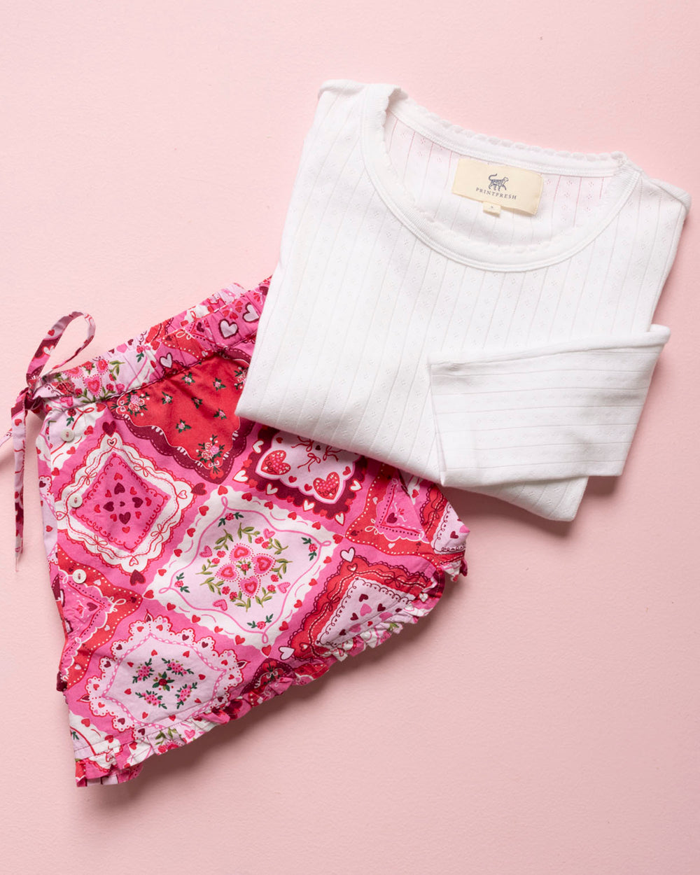 Vintage Valentine - Ruffle Shorts & Pointelle Long Sleeve - Mailbox Pink/White - Printfresh