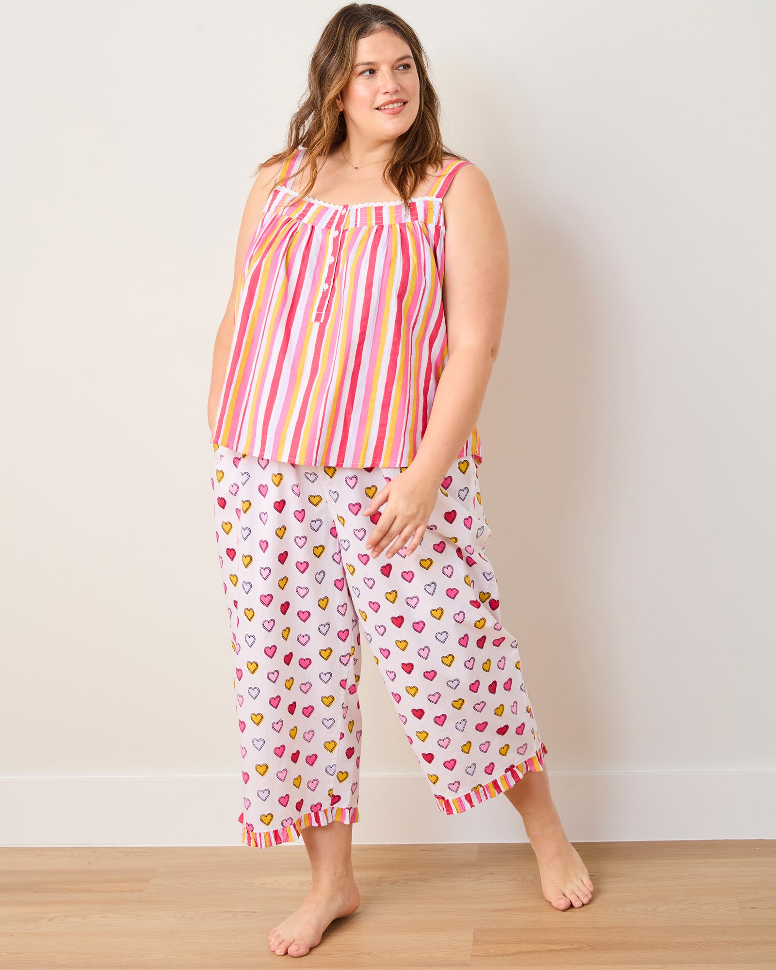 Candy Hearts Stripe - Back To Bed Cropped Pant Set - Candy Cloud - Printfresh