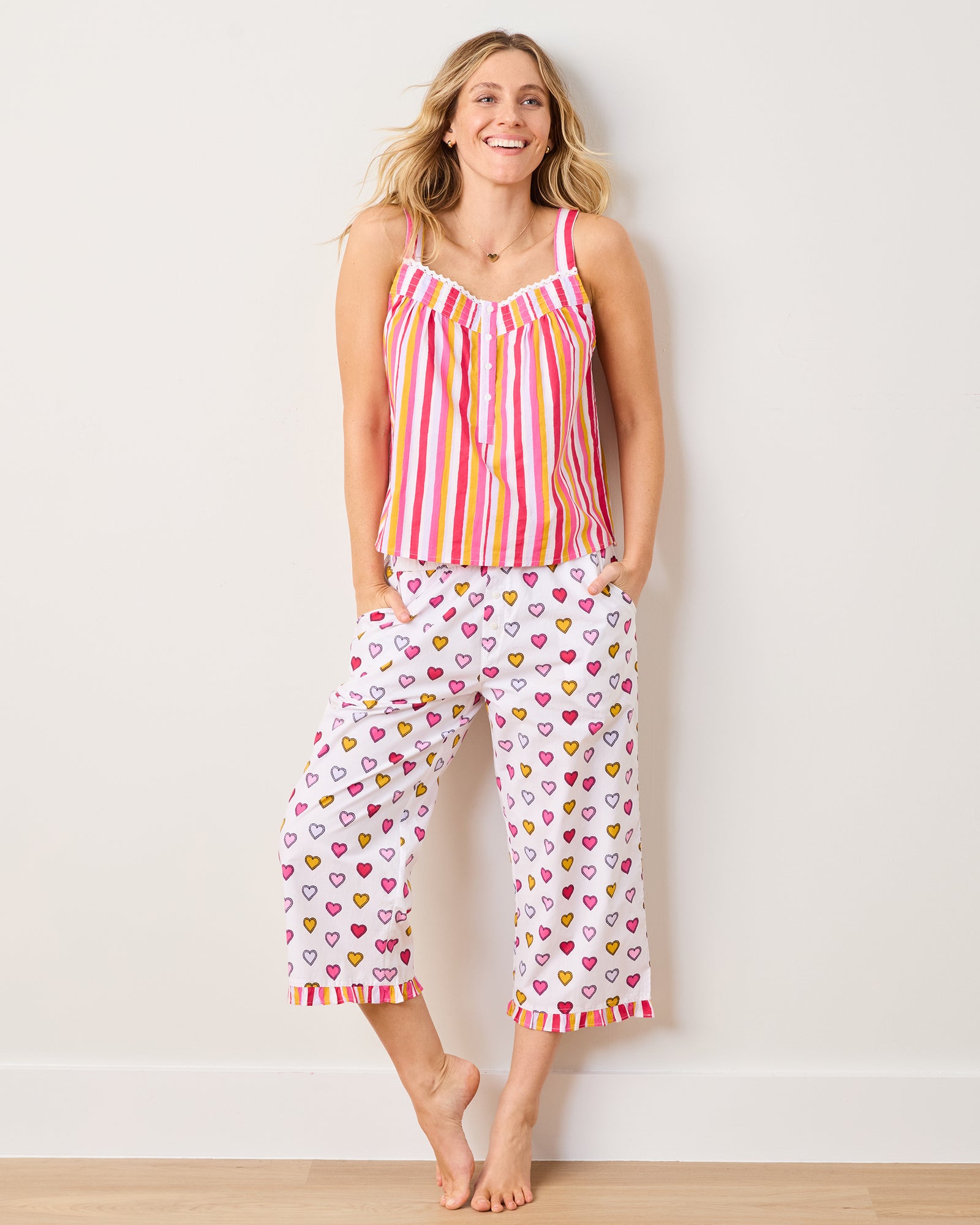 Candy Hearts Stripe - Back To Bed Cropped Pant Set - Candy Cloud - Printfresh