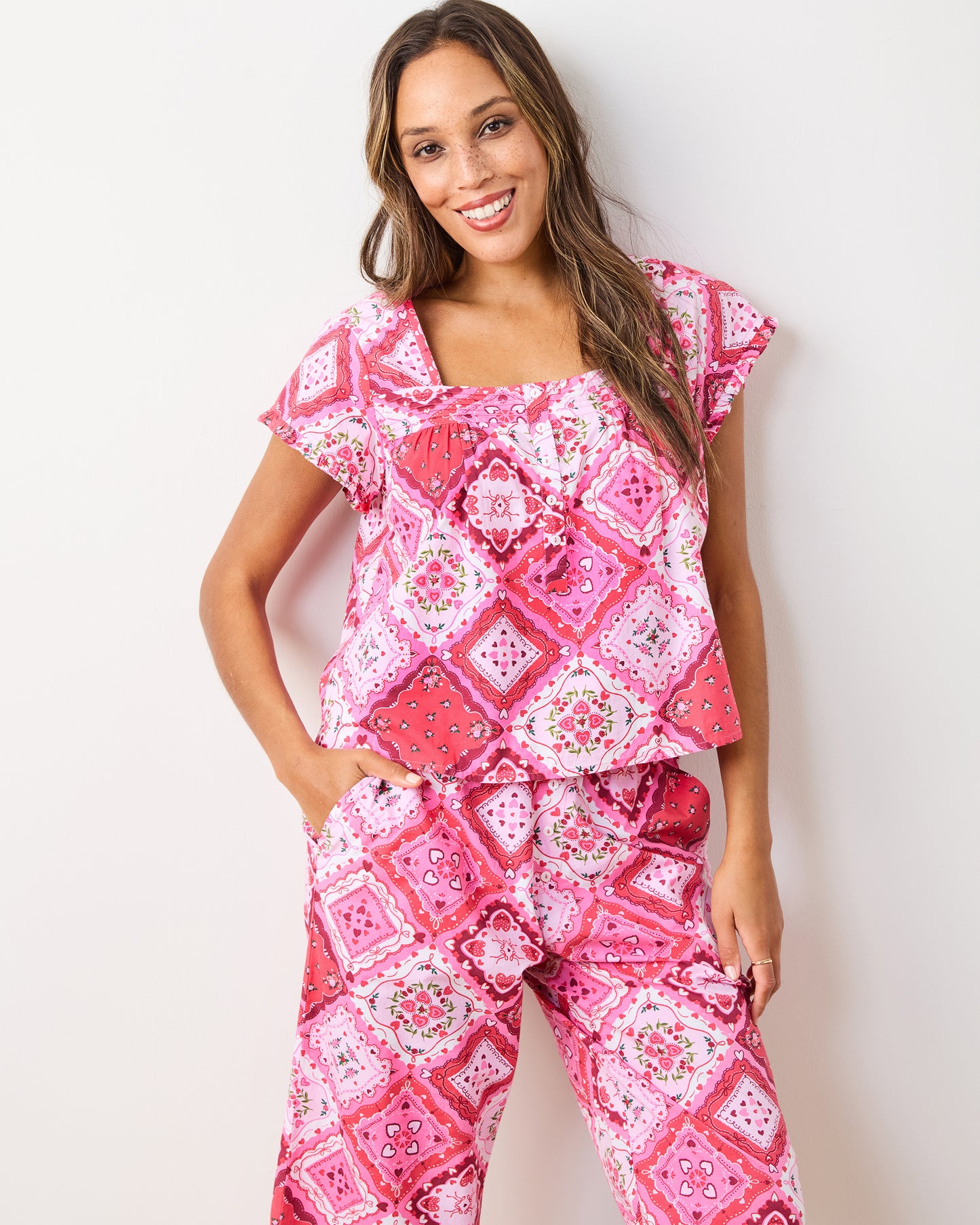 Vintage Valentine - Pintuck Cropped Pant Set - Mailbox Pink - Printfresh