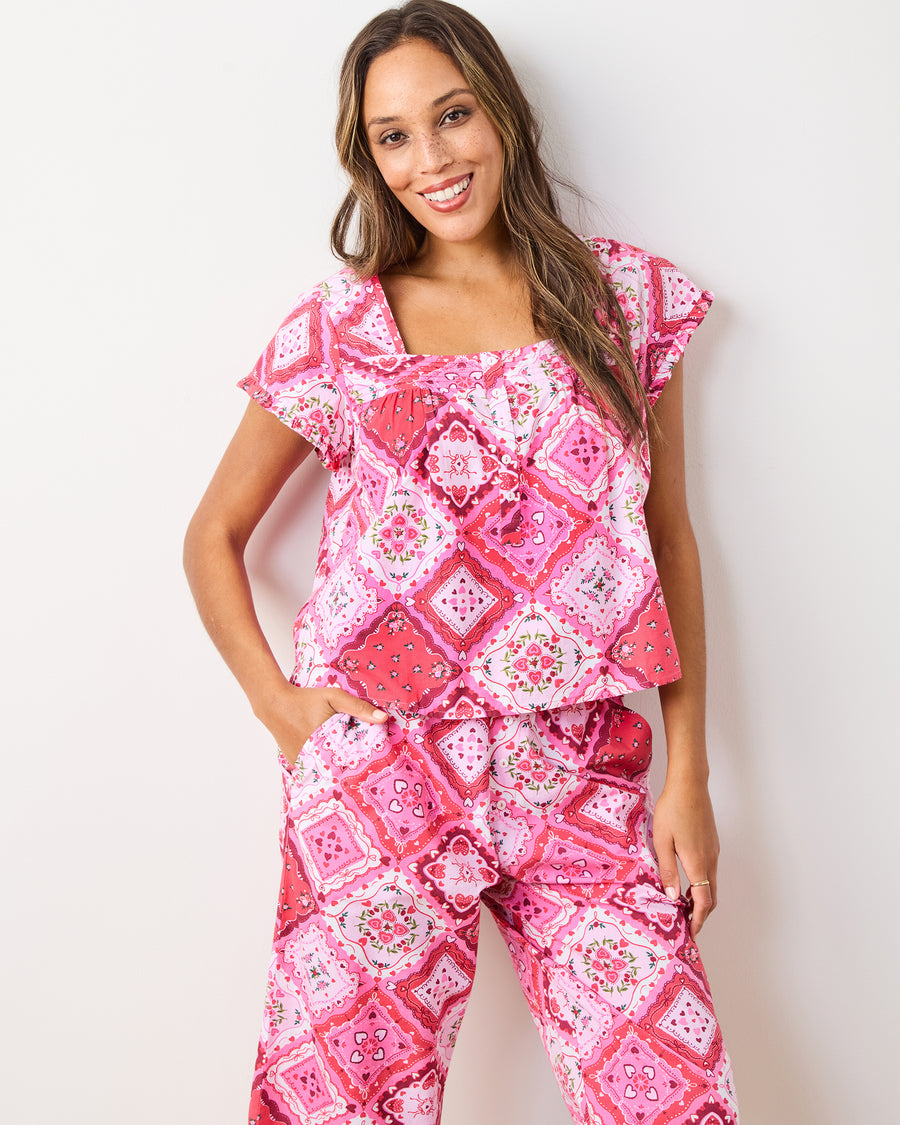 Vintage Valentine - Pintuck Cropped Pant Set - Mailbox Pink - Printfresh