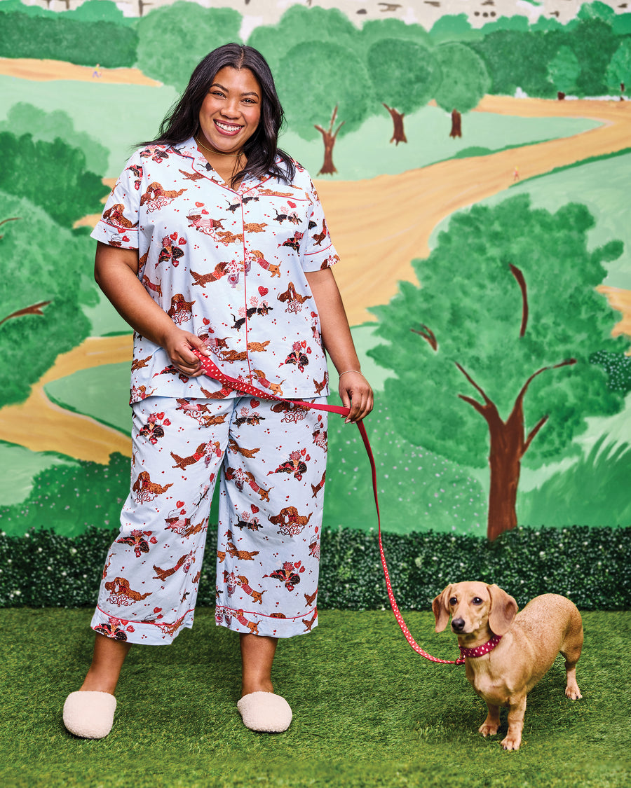 Dachshund Date - Short Sleeve Cropped Pants Set - Pale Blue - Printfresh
