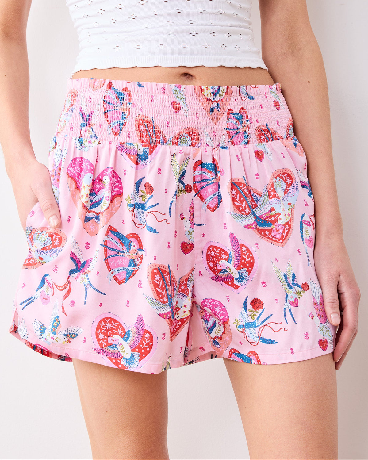 Swooning Sparrows - Eco Satin Chloe Short - Pink Petal - Printfresh