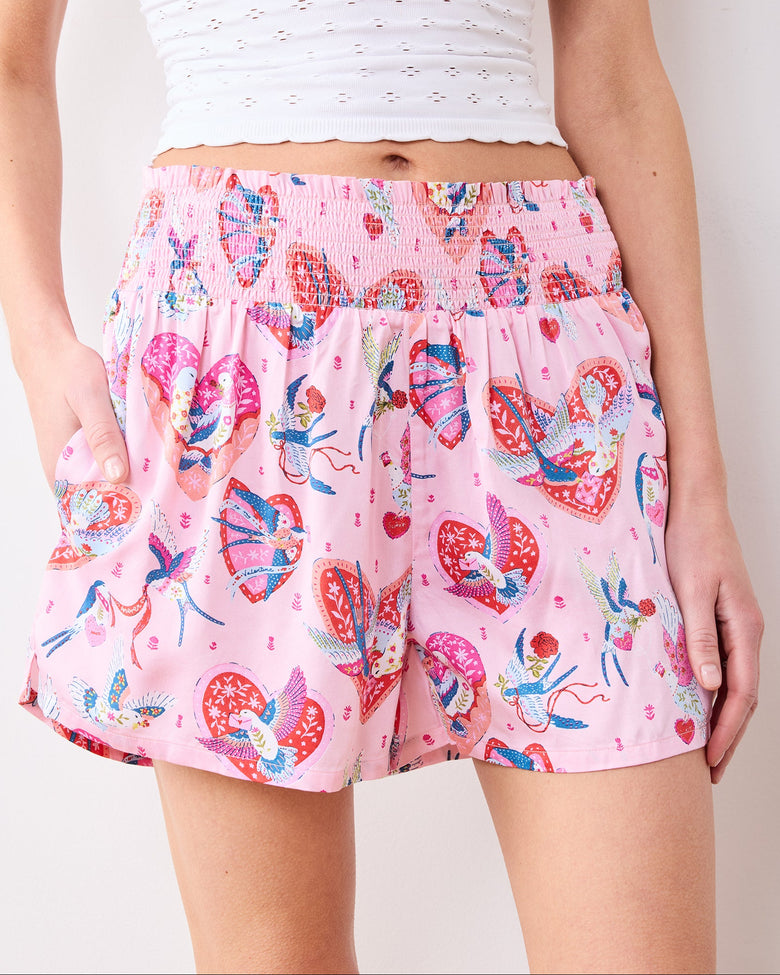 Swooning Sparrows - Eco Satin Chloe Short - Pink Petal - Printfresh