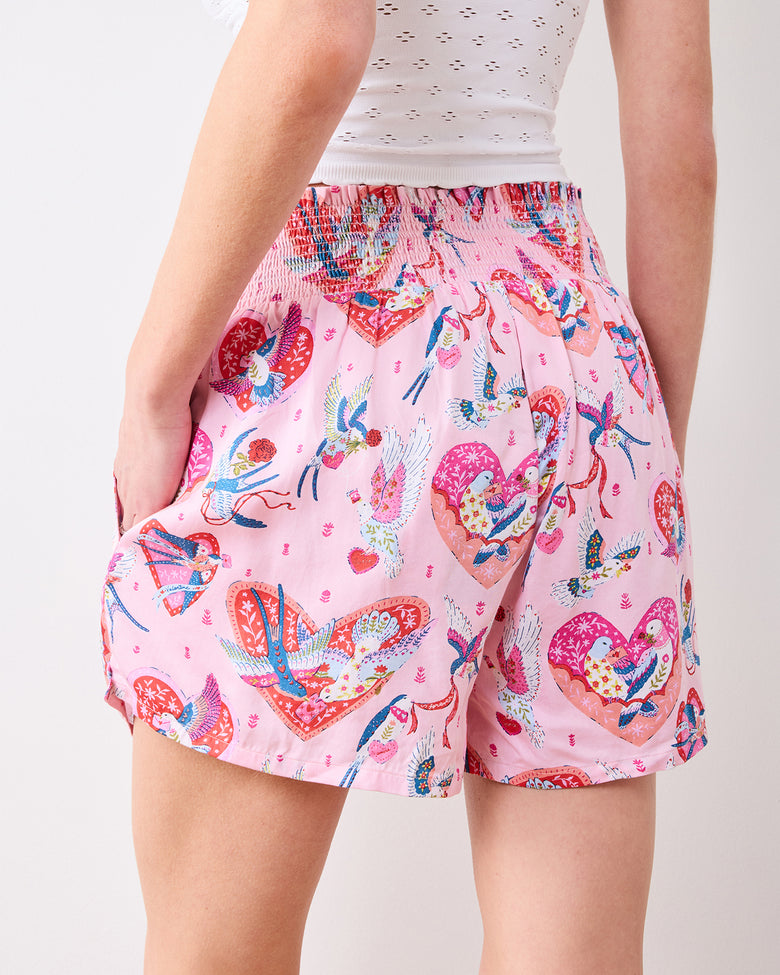 Swooning Sparrows - Eco Satin Chloe Short - Pink Petal - Printfresh