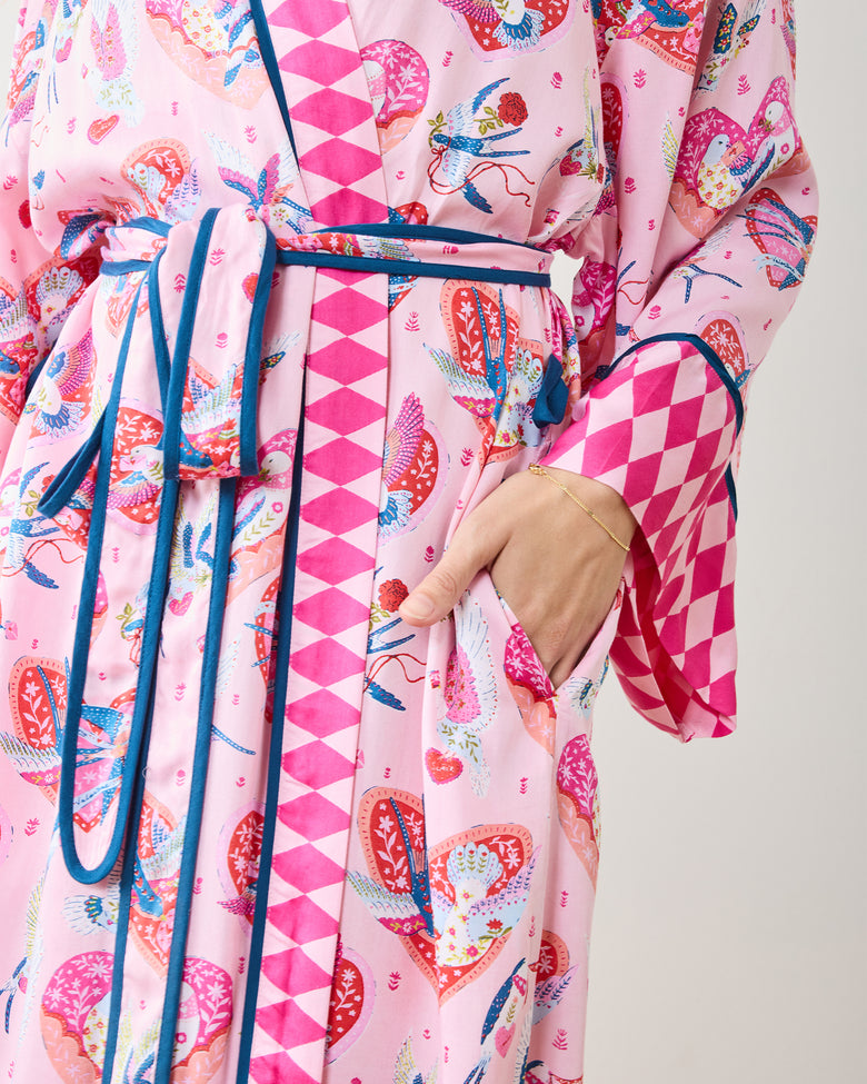Swooning Sparrows - Eco Satin Robe - Pink Petal - Printfresh