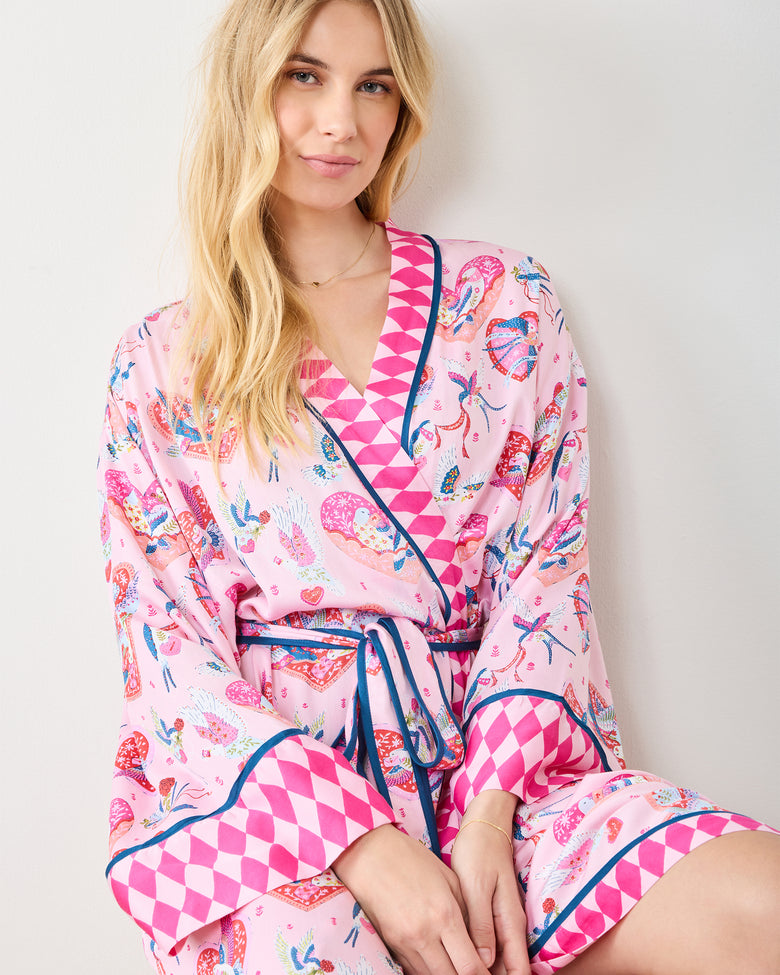 Swooning Sparrows - Eco Satin Robe - Pink Petal - Printfresh