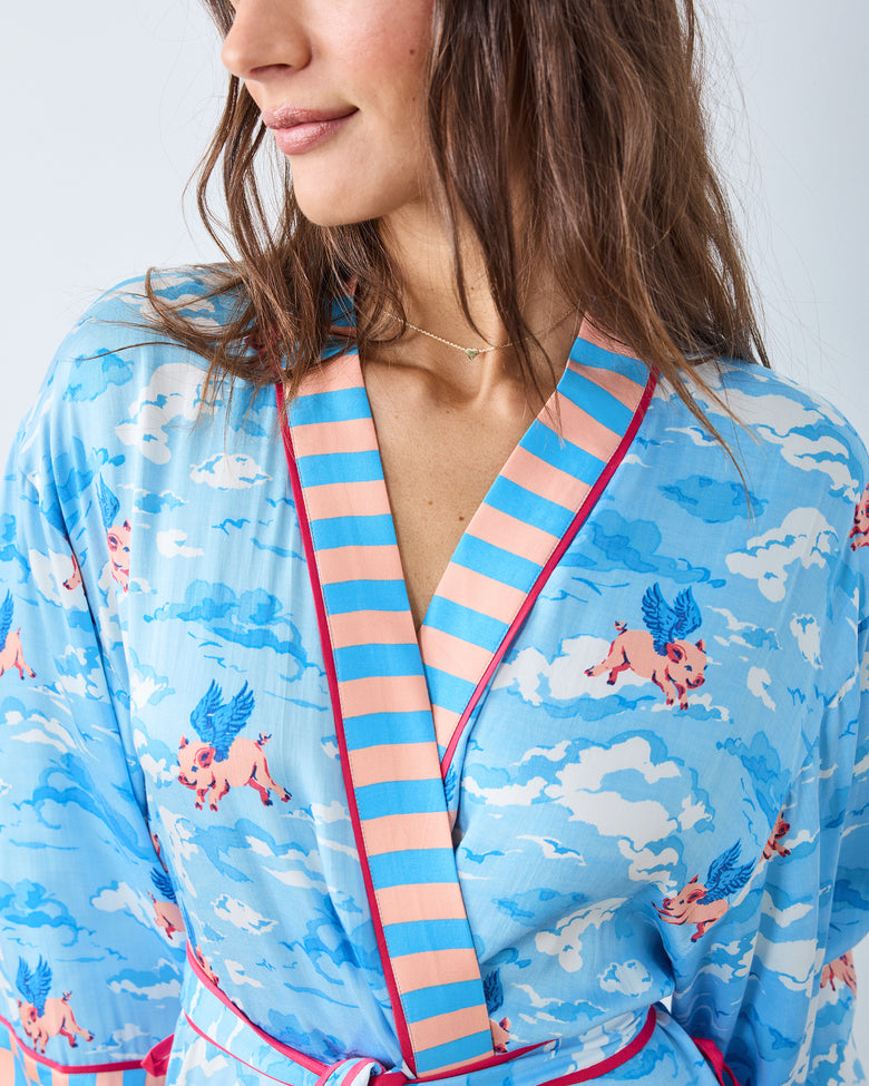 When Pigs Fly - Eco Satin Robe - Pale Blue - Printfresh