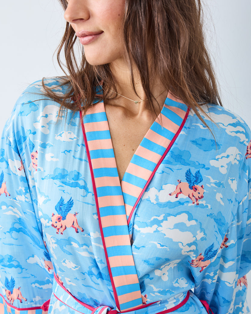 When Pigs Fly - Eco Satin Robe - Pale Blue - Printfresh