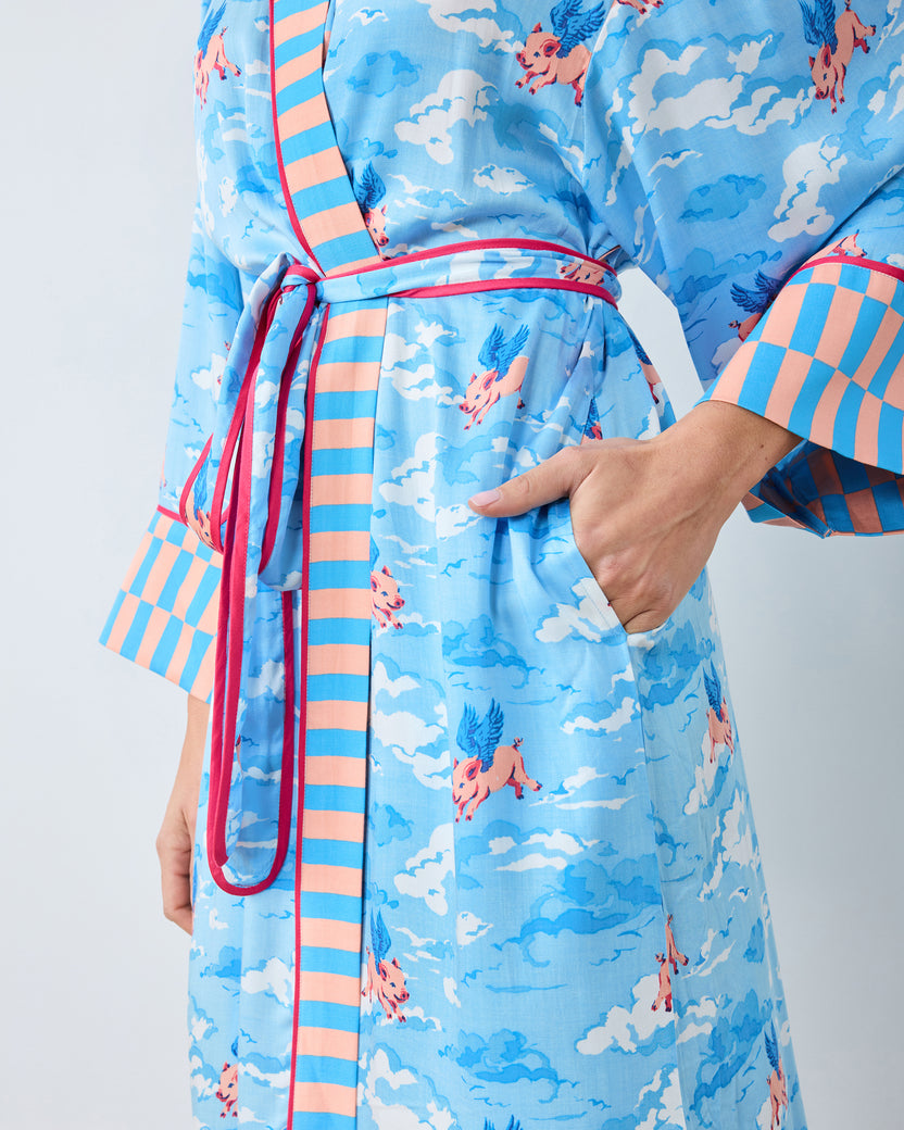 When Pigs Fly - Eco Satin Robe - Pale Blue - Printfresh