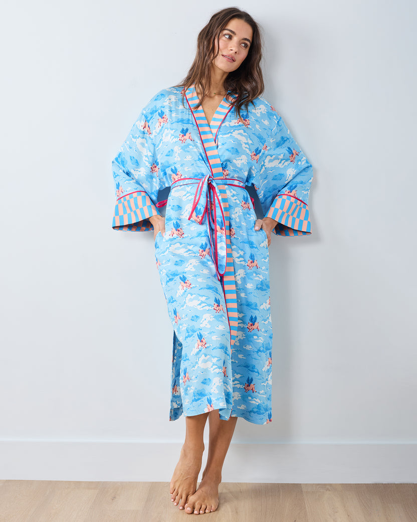 When Pigs Fly - Eco Satin Robe - Pale Blue - Printfresh