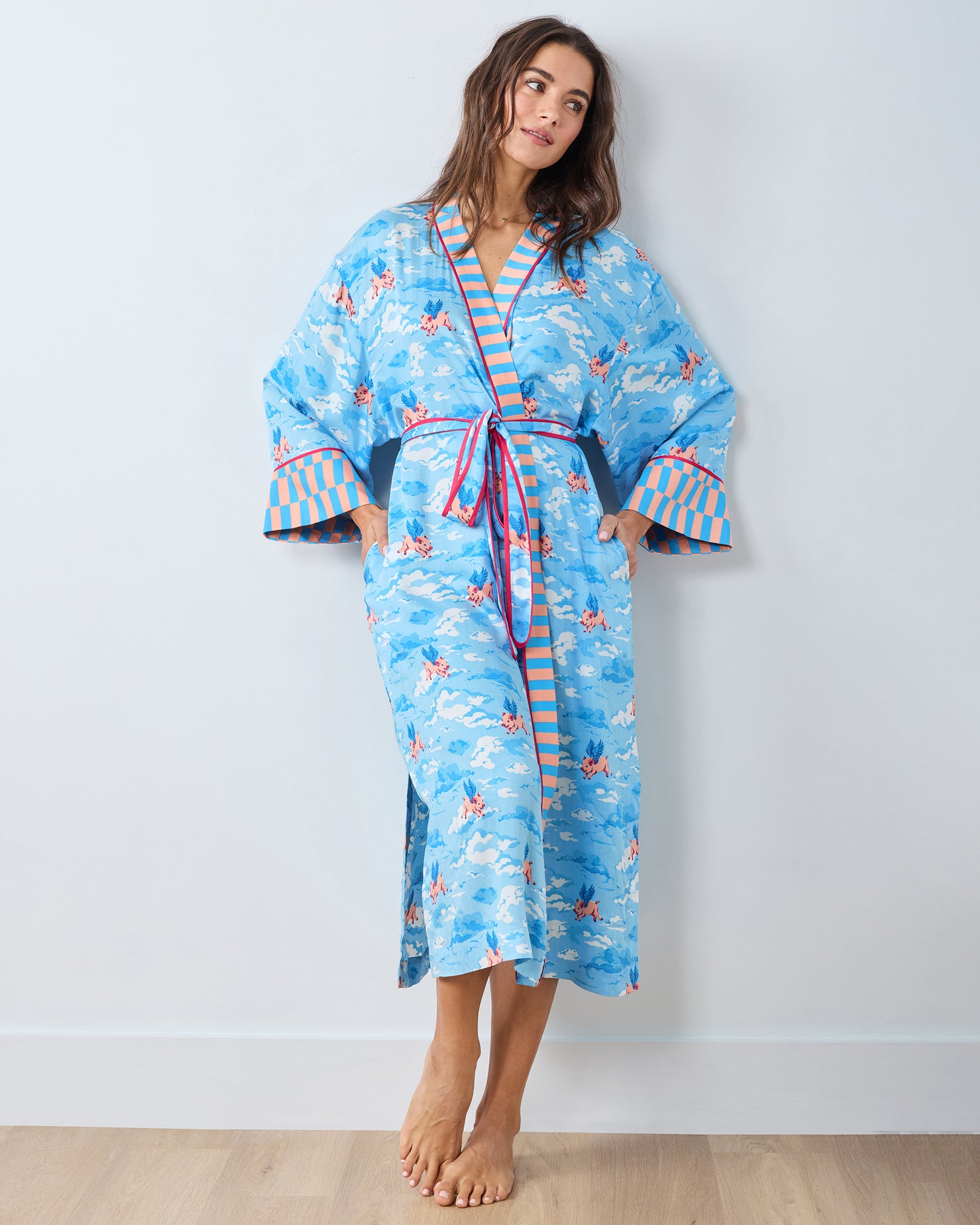 When Pigs Fly - Eco Satin Robe - Pale Blue - Printfresh