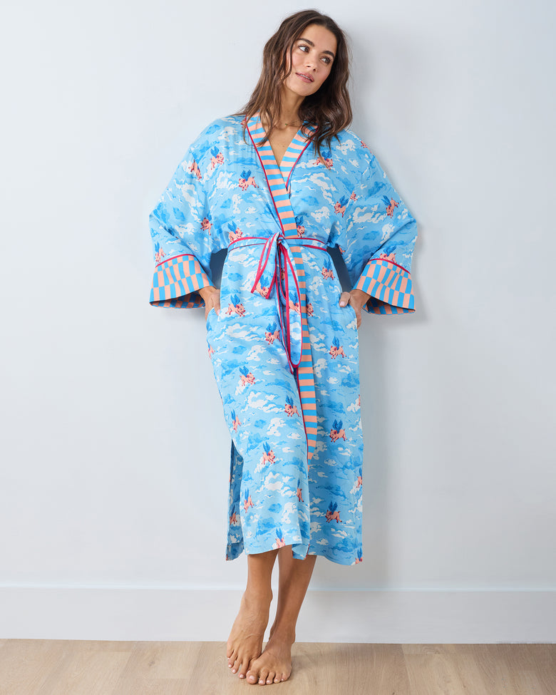 When Pigs Fly - Eco Satin Robe - Pale Blue - Printfresh