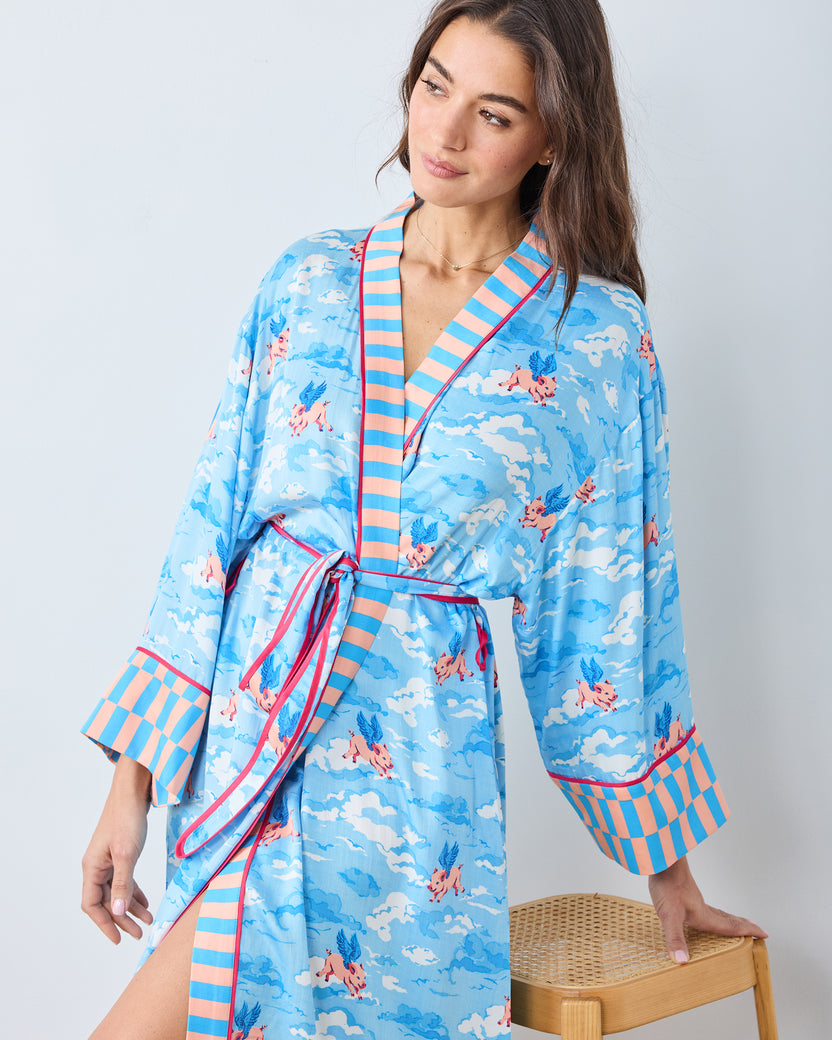 When Pigs Fly - Eco Satin Robe - Pale Blue - Printfresh