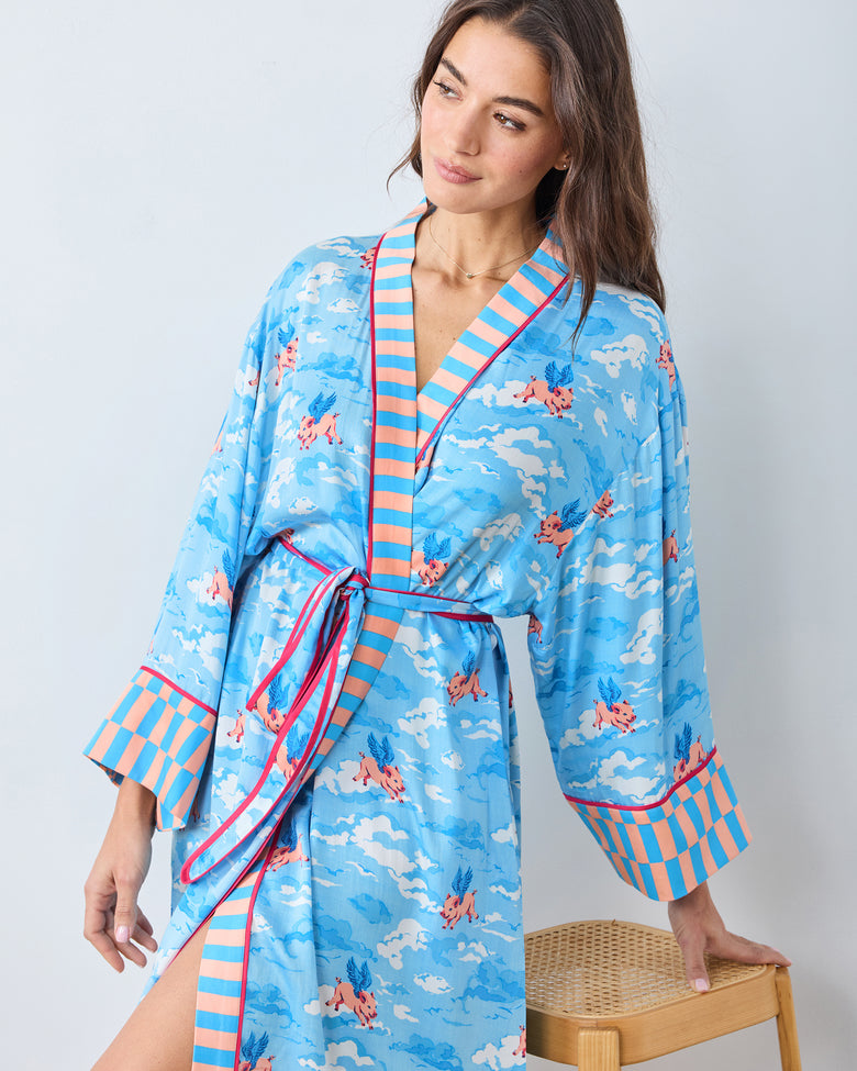 When Pigs Fly - Eco Satin Robe - Pale Blue - Printfresh