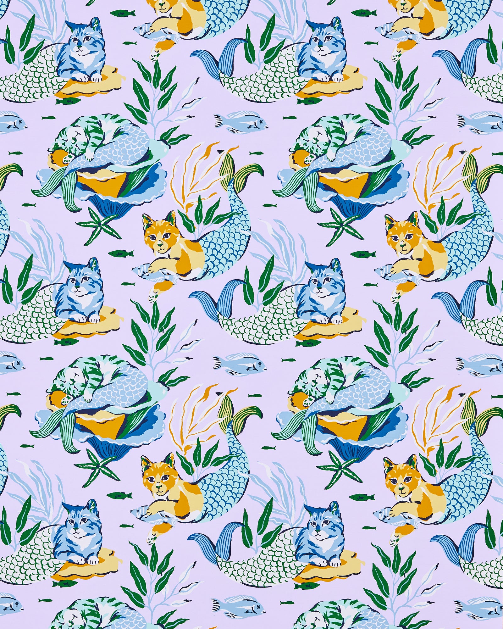 Meowing Mermaids - Peel & Stick Wallpaper - Lavender - Printfresh