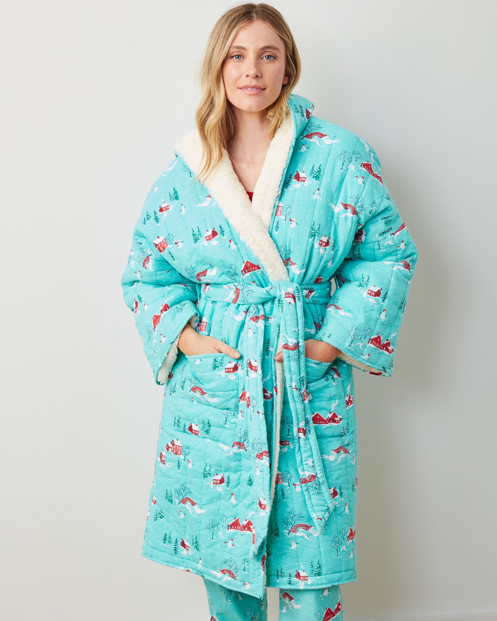 Winter Wonderland - Flannel Quilted Hooded Sherpa Robe -  Snow Day - Printfresh