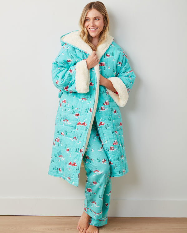 Winter Wonderland - Flannel Quilted Hooded Sherpa Robe -  Snow Day - Printfresh