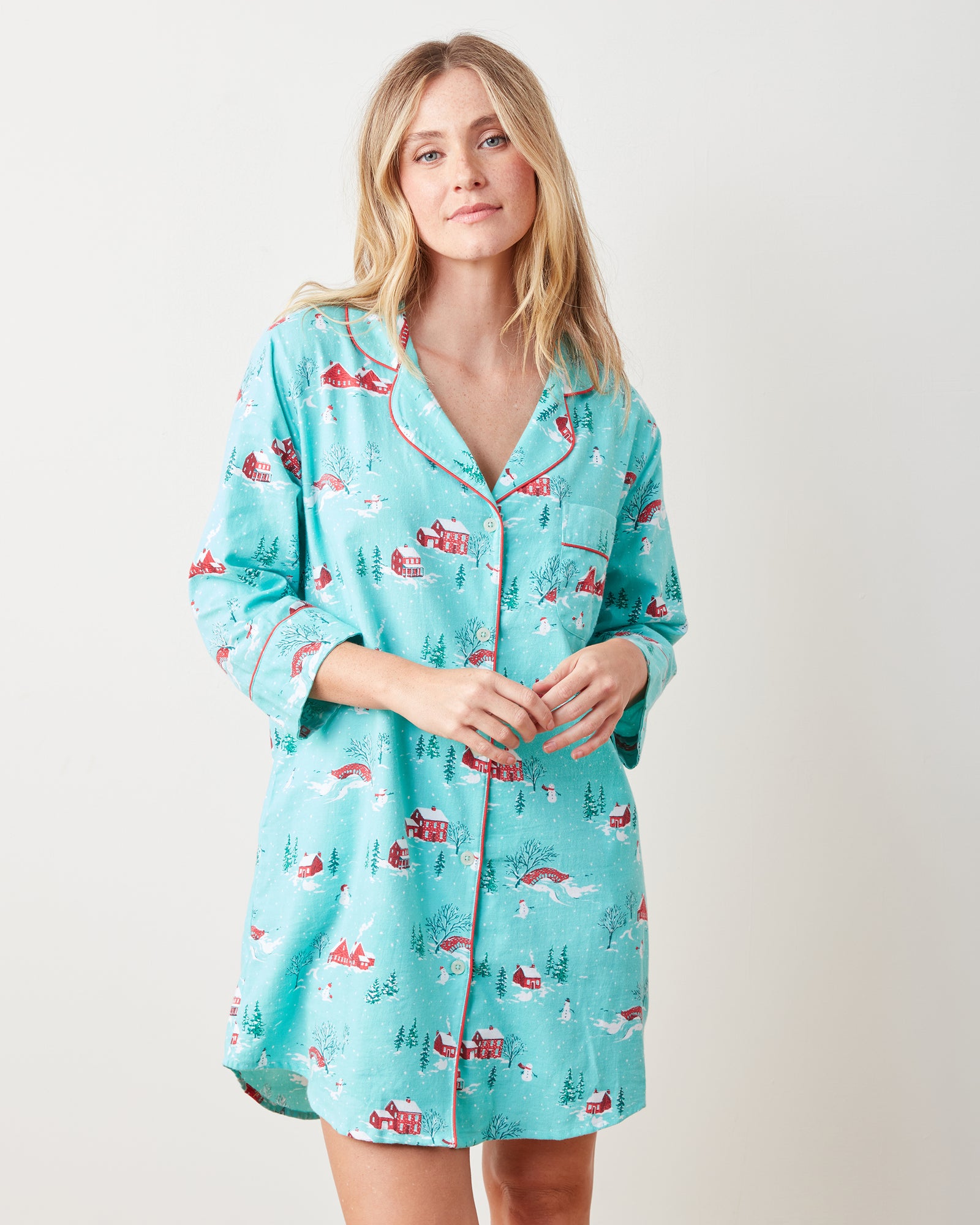 Winter Wonderland Women s Flannel Sleep Shirt Cerulean Snow Day