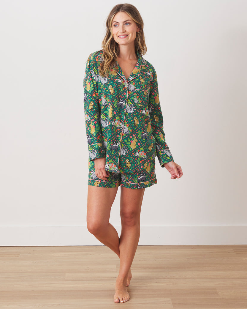 Woodland Critters - Lightweight Flannel Long Sleeve Top & Shorts Set - Fern - Printfresh