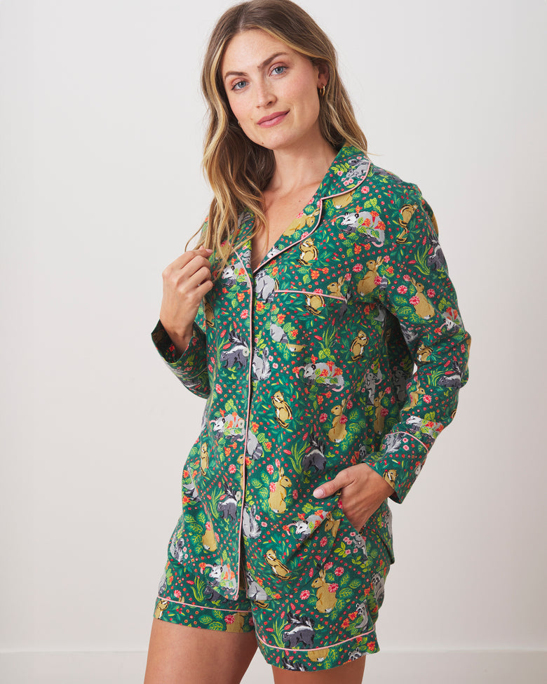 Woodland Critters - Lightweight Flannel Long Sleeve Top & Shorts Set - Fern - Printfresh