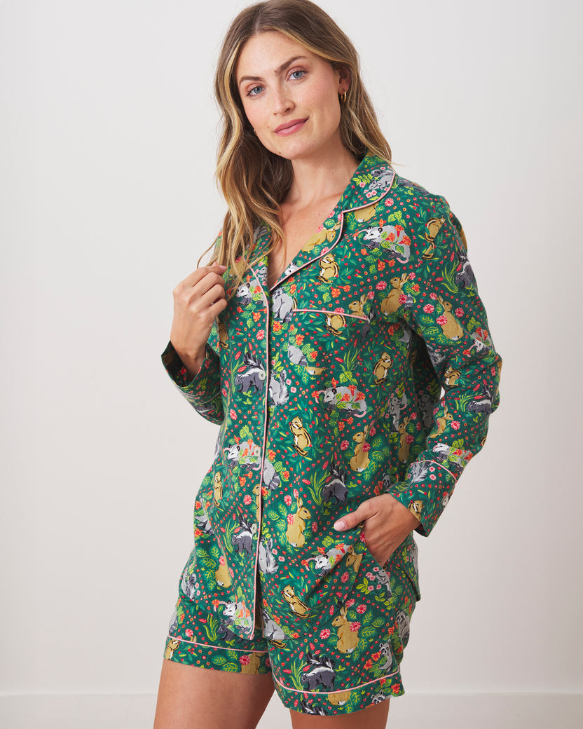 Woodland Critters - Lightweight Flannel Long Sleeve Top & Shorts Set - Fern - Printfresh