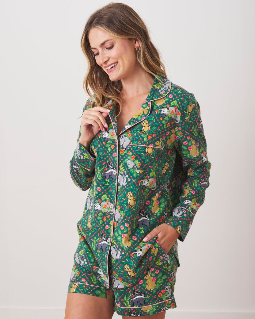 Woodland Critters - Lightweight Flannel Long Sleeve Top & Shorts Set - Fern - Printfresh