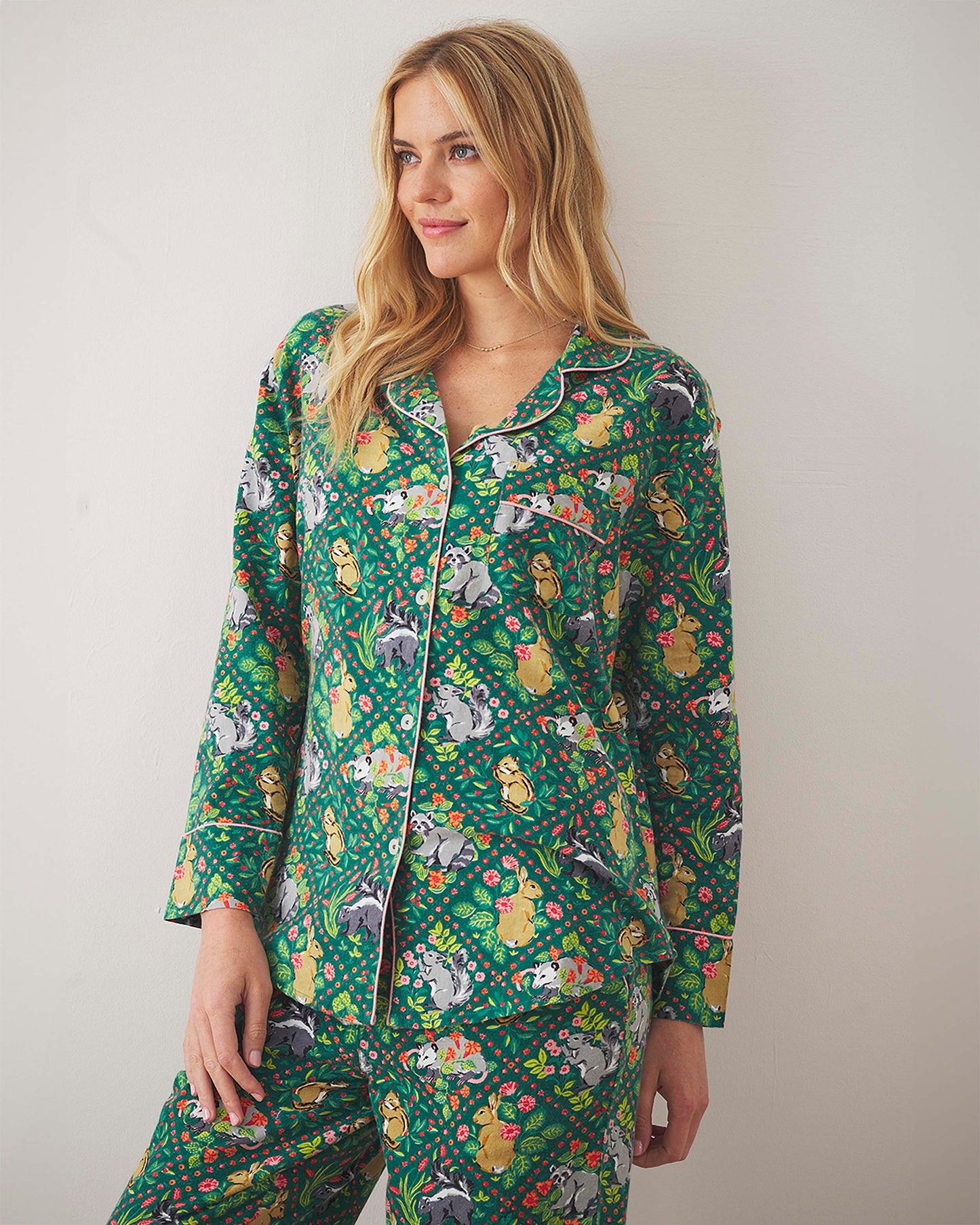 Woodland Critters - Lightweight Flannel Long PJ Set - Fern - Printfresh