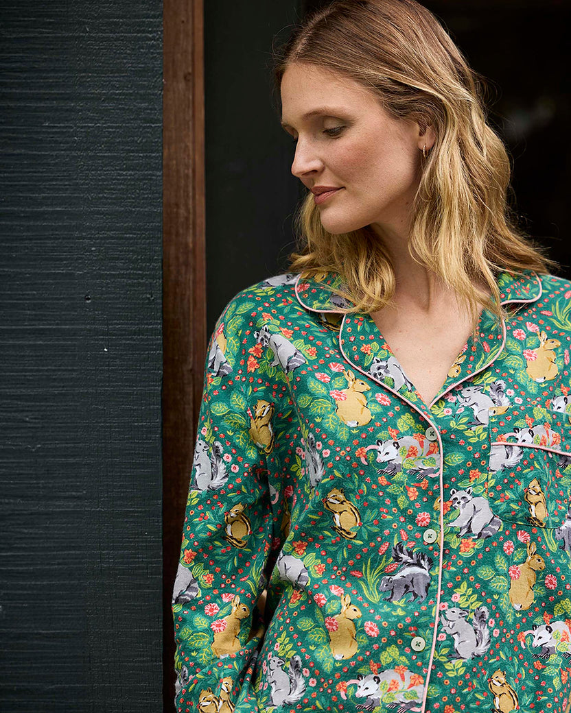 Woodland Critters - Lightweight Flannel Long PJ Set - Fern - Printfresh
