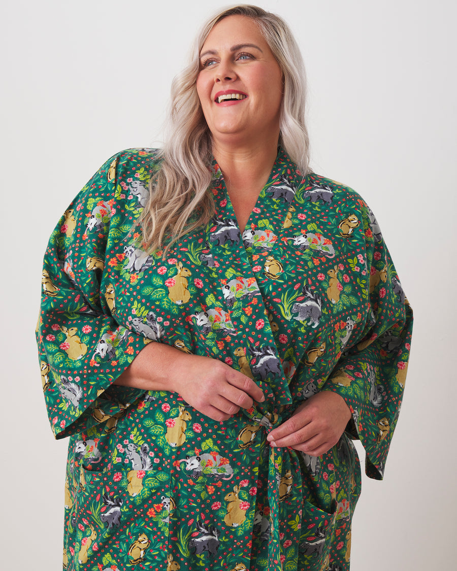 Woodland Critters - Lightweight Flannel Robe - Fern - Printfresh