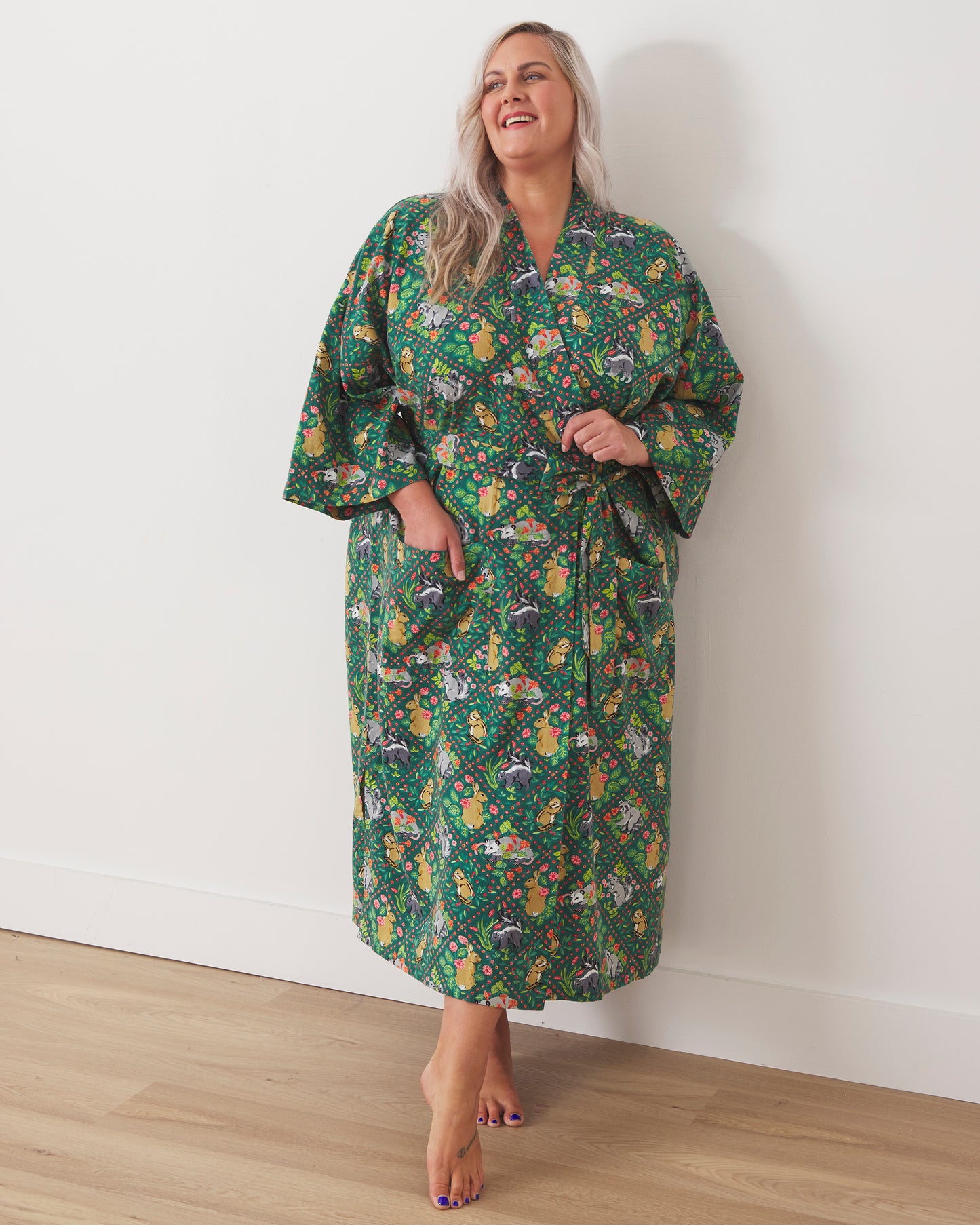 Woodland Critters - Lightweight Flannel Robe - Fern - Printfresh
