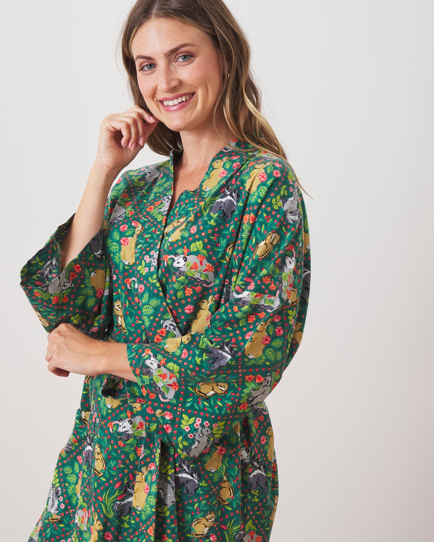 Woodland Critters - Lightweight Flannel Robe - Fern - Printfresh