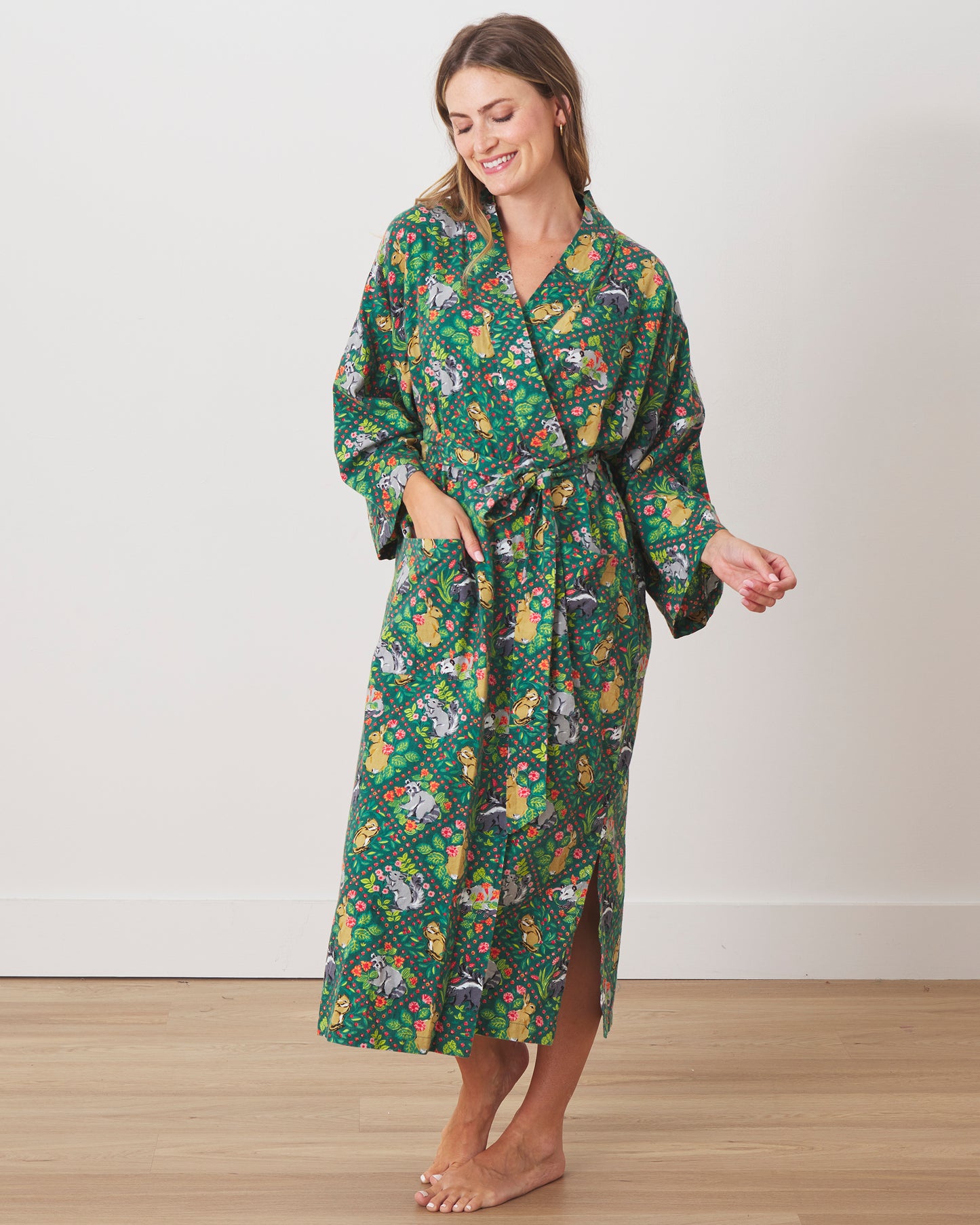 Woodland Critters - Lightweight Flannel Robe - Fern - Printfresh