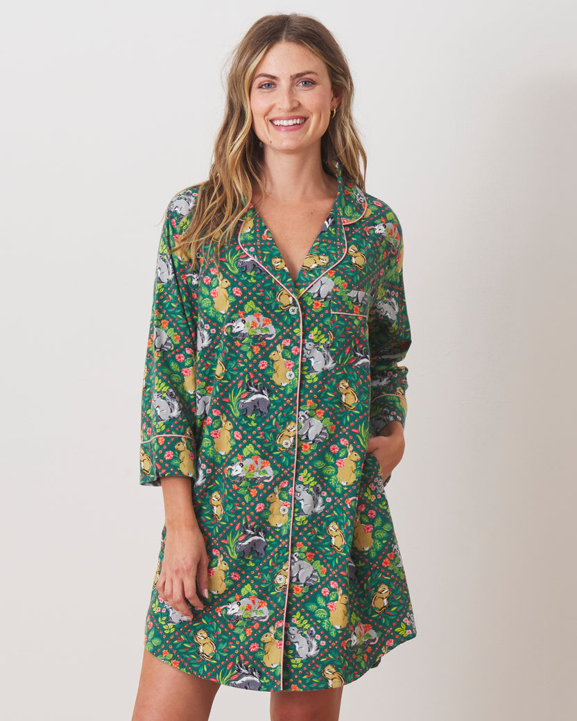 Woodland Critters - Lightweight Flannel Sleep Shirt - Fern - Printfresh