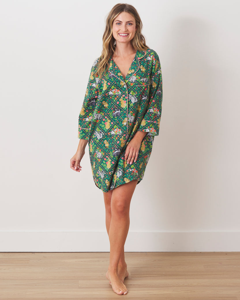 Woodland Critters - Lightweight Flannel Sleep Shirt - Fern - Printfresh
