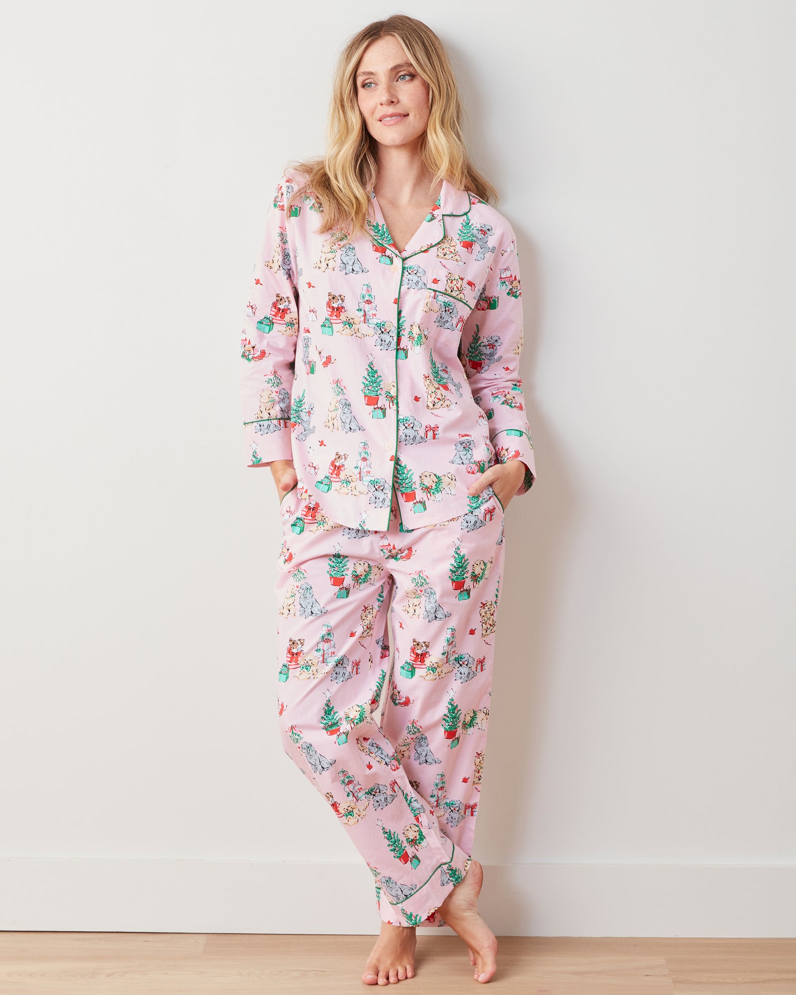 Christmas Poodle Party Women s Organic Cotton Long Sleep Set Rose