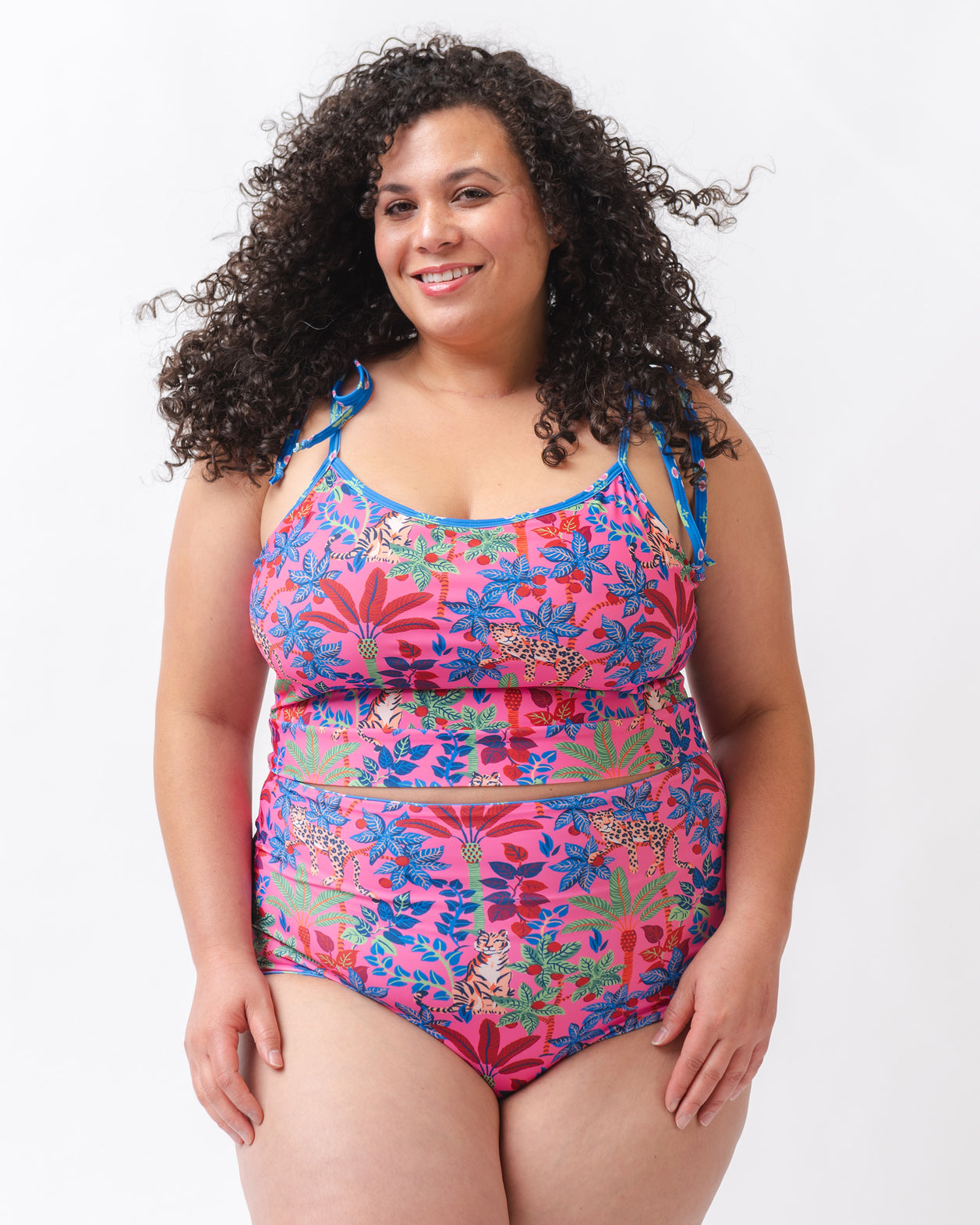 PF + Lime Ricki Big Cat Family/Three Blooms - Reversible Ultra High Waist Bottom - Azalea/Royal Blue - Printfresh