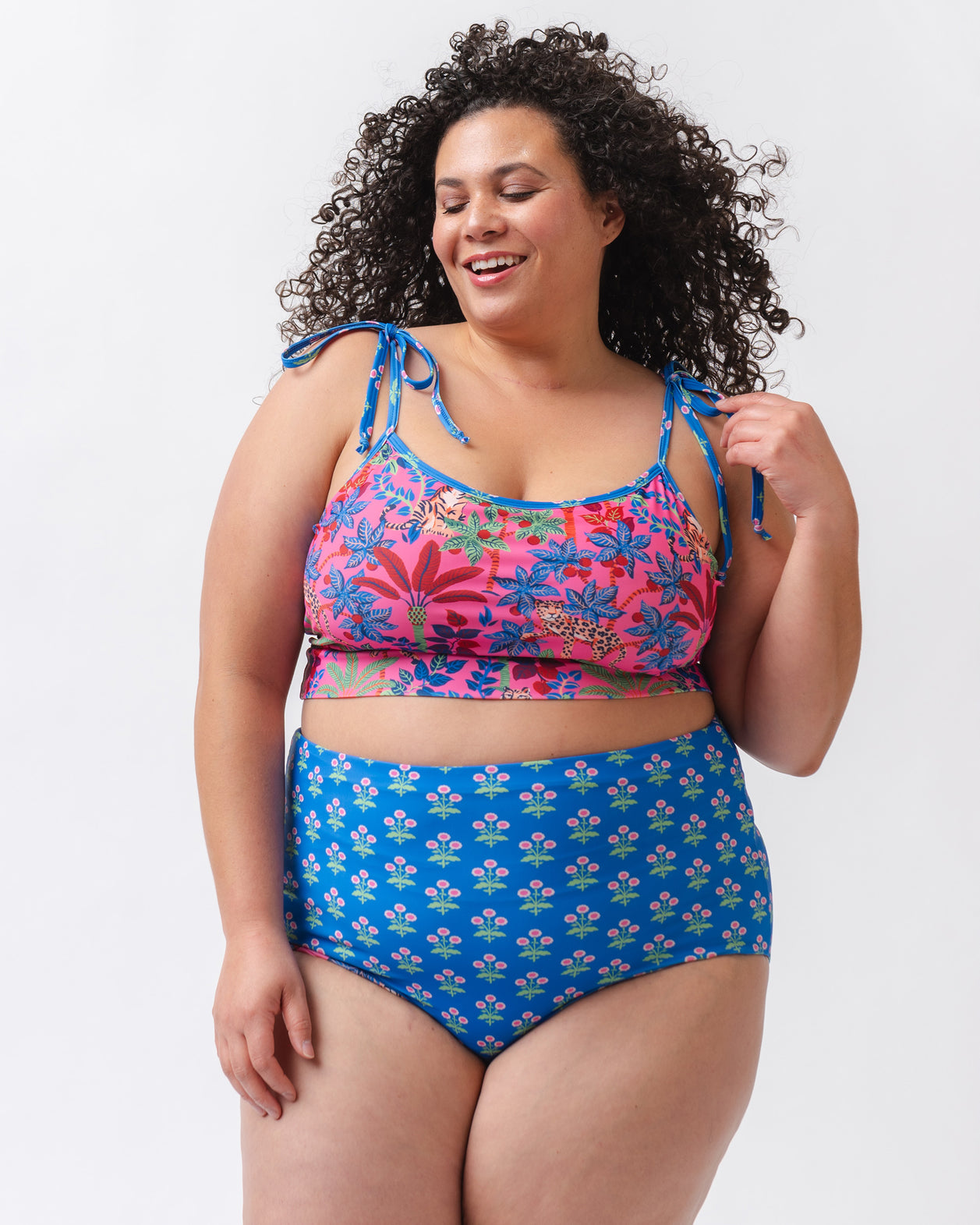 PF + Lime Ricki Big Cat Family/Three Blooms - Reversible Ultra High Waist Bottom - Azalea/Royal Blue - Printfresh