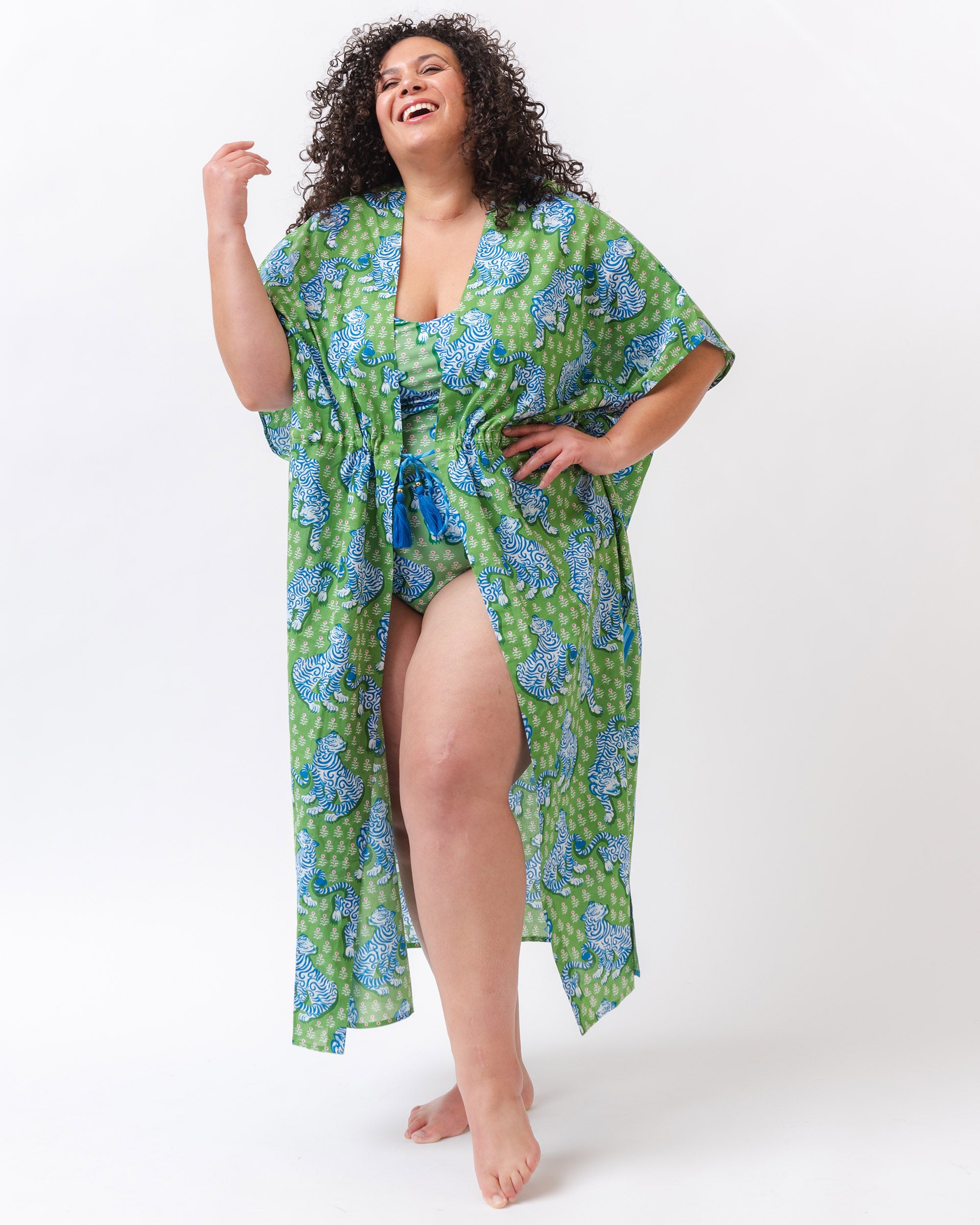 PF + Lime Ricki Tiger Queen - Daylight Open Front Cover-Up - Sea Grass - Printfresh