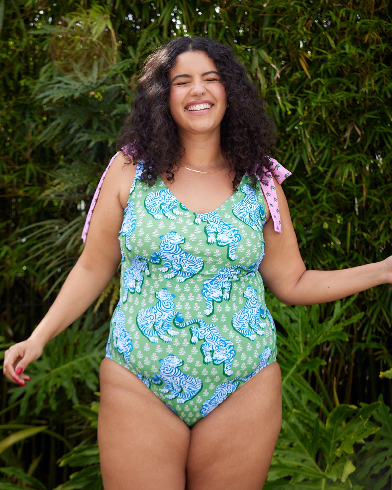 PF + Lime Ricki Tiger Queen - Shoulder Tie One Piece - Seagrass - Printfresh