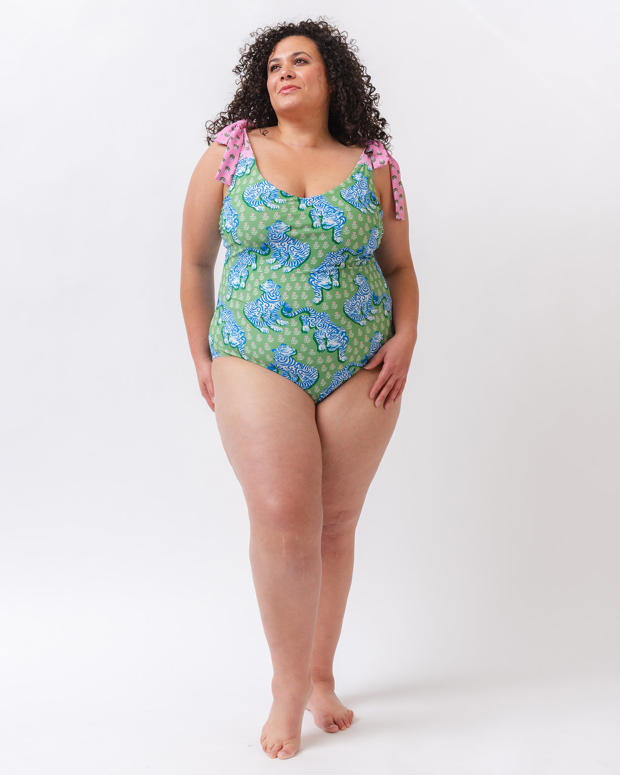 PF + Lime Ricki Tiger Queen - Shoulder Tie One Piece - Seagrass - Printfresh