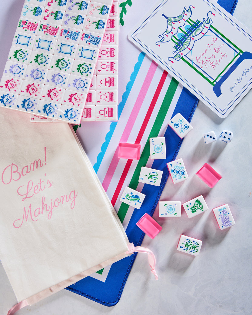 Pink - Grandmillennial Mahjong Tiles With Mat & Shufflers - Bam! Let's Mahjong - Printfresh