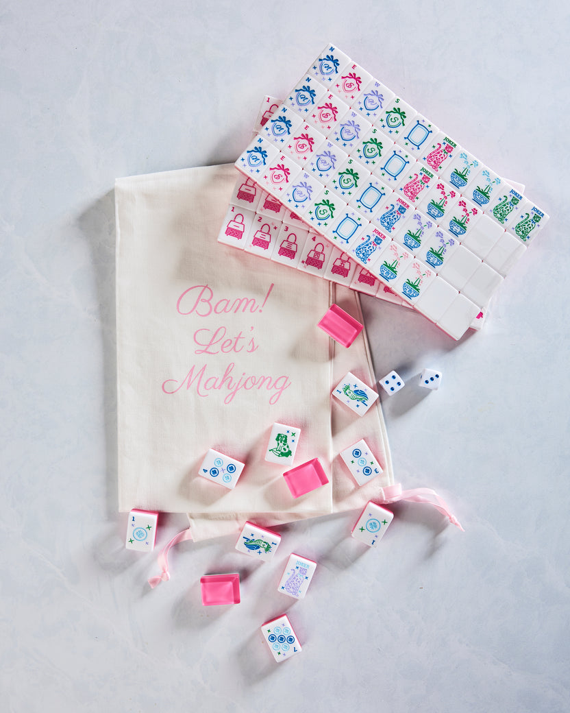 Pink - Grandmillennial Mahjong Tiles With Mat & Shufflers - Bam! Let's Mahjong - Printfresh