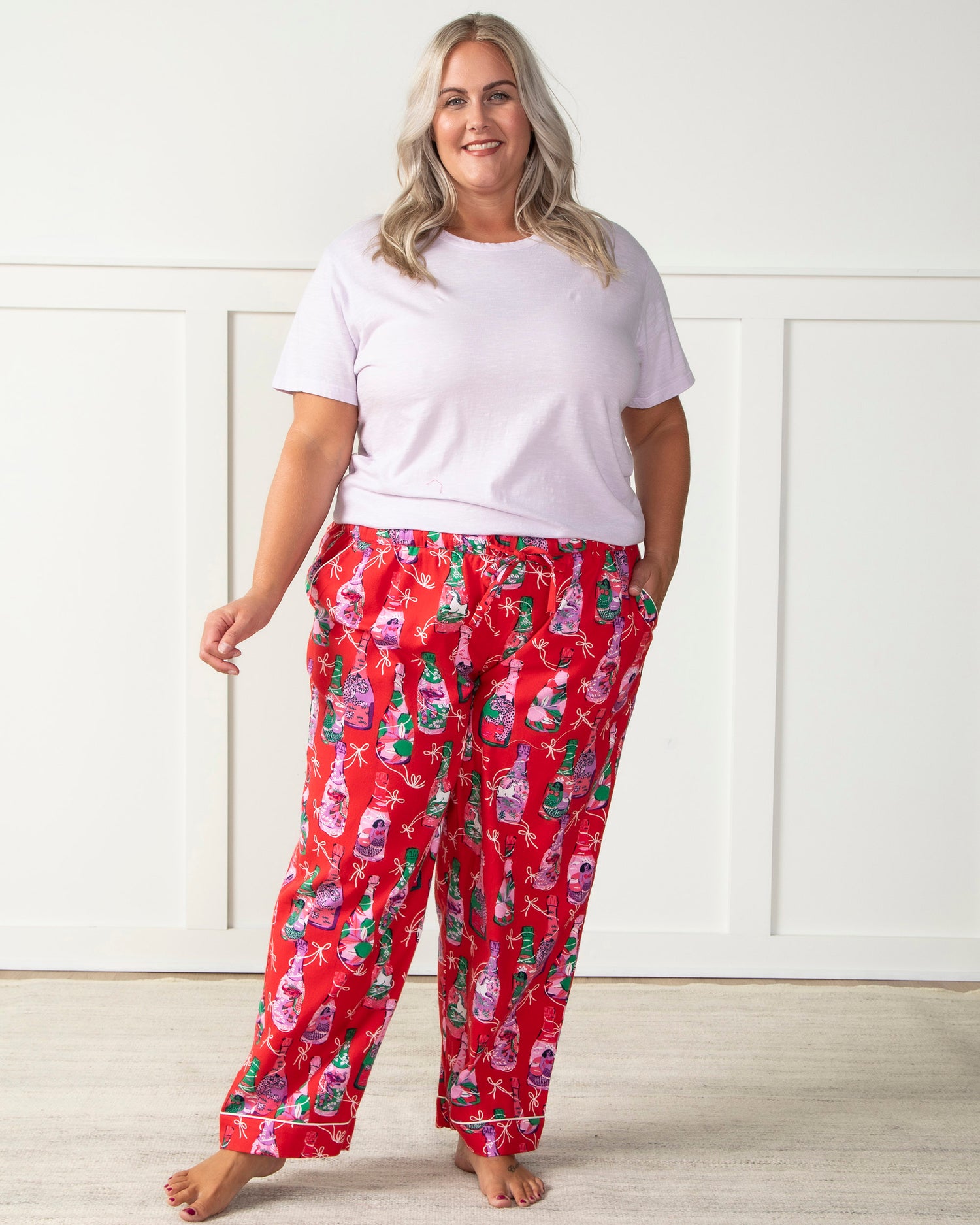 Pop the Bubbly - Brushed Twill Pajama Pants - Red Stocking - Printfresh