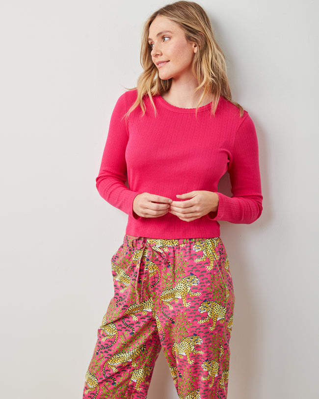 Bagheera - Pointelle Long Sleeve & Flannel PJ Pants Set - Hot Pink - Printfresh